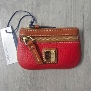 Dooney & Bourke Red Leather Coin Key Pouch with Tan Trim